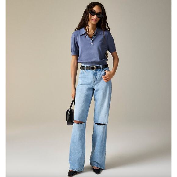 J.Crew Petite Lower Rise Distressed Wide Leg Jean Blue Synniva Wash US 26P NWT - Picture 1 of 13